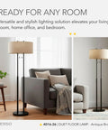 Duet Floor Lamp With Dual Pull Chains, Antique Bronze Finish, Taupe Fabric Shade, 62-Inch Tall in modern living room setting