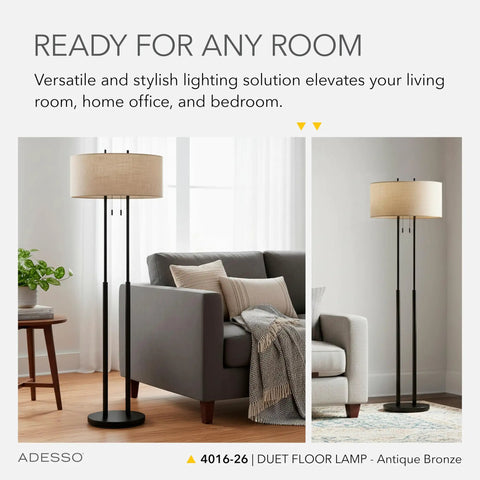 Duet Floor Lamp With Dual Pull Chains, Antique Bronze Finish, Taupe Fabric Shade, 62-Inch Tall in modern living room setting