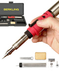 Cordless Butane Soldering Iron Kit Portable Micro Solder Torch Heat Gun With 3 Pro Grade Tips in hand with kit components visible