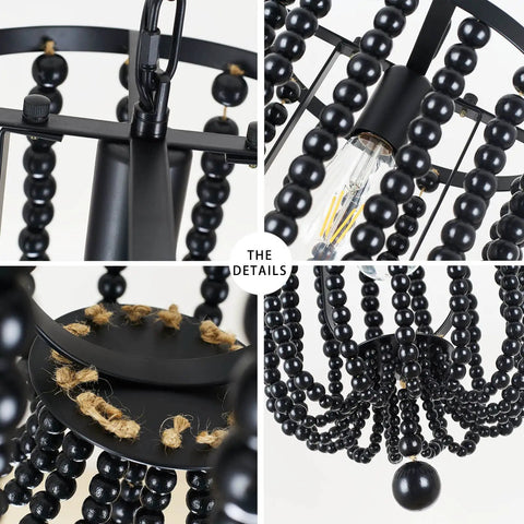 Close-up of Boho Black Wood Bead Pendant Light With Cord And Chain, Non Dimmable Hanging Lamp For Kitchen Island, Dining Room.