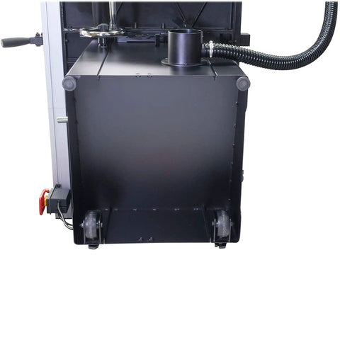 Workhorse Cabinet Tablesaw Boasting A Beefy 7.5Hp Motor Integrated Dust Collection Gear showing heavy-duty black cabinet base with wheels.