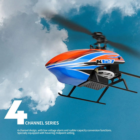 4 Channel RC Helicopter K127 With 6 Axis Gyro flying against blue sky background
