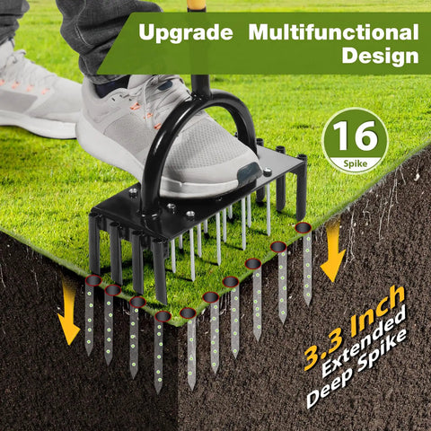 2 In 1 Lawn Aerator Manual Core Aerator With 24 Spikes for soil loosening and lawn ventilation demonstration on grass