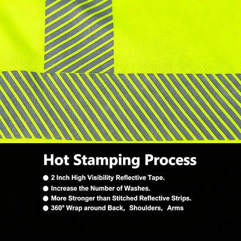 Close-up of Men High Visibility Safety Tee featuring heat bonded reflective strips, showing 2-inch reflective tape detail.