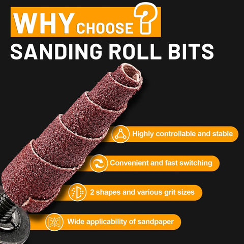 Close-up of sanding roll from the 52Pcs One Quarter Inch Sanding Burr Set With One Quarter Shank For Die Grinder Rotary Tools.