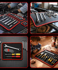 Three Piece Pro Magnetic Tool Mat Set With Pickup Tool Telescoping Magnetic Inspection Mirror Flexible PVC Pad Non Slip Holder And Tray For Mechanics Gear Garage Workshop And Repair Toolbox Organization displayed with tools.