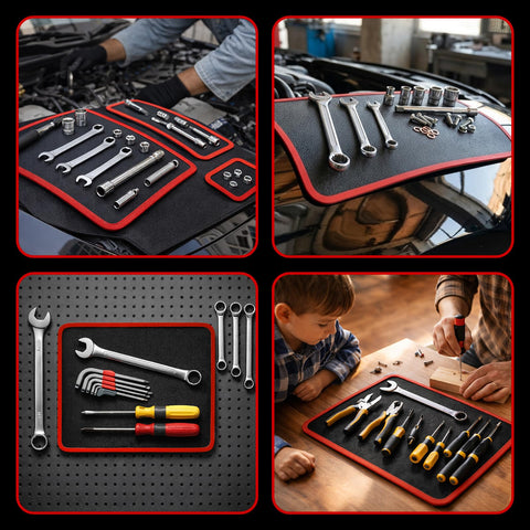 Three Piece Pro Magnetic Tool Mat Set With Pickup Tool Telescoping Magnetic Inspection Mirror Flexible PVC Pad Non Slip Holder And Tray For Mechanics Gear Garage Workshop And Repair Toolbox Organization displayed with tools.