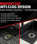 Top Rated Kitchen Sink Drain Strainer Plus Pop Up Sink Stopper With Removable Anti Clog Basket in black sink showing water flow with food particles.