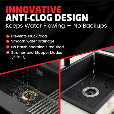 Top Rated Kitchen Sink Drain Strainer Plus Pop Up Sink Stopper With Removable Anti Clog Basket in black sink showing water flow with food particles.