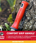 Red ergonomic handle of Pro Grade Multi Use Transplanter Tool For Garden Digging Cultivating Planting And Weeding Heavy Duty Hand Digging Trowel And Mini Shovel For Precision Planting Root Cutting And Soil Loosening 91360
