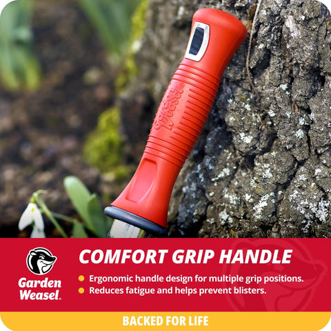 Red ergonomic handle of Pro Grade Multi Use Transplanter Tool For Garden Digging Cultivating Planting And Weeding Heavy Duty Hand Digging Trowel And Mini Shovel For Precision Planting Root Cutting And Soil Loosening 91360
