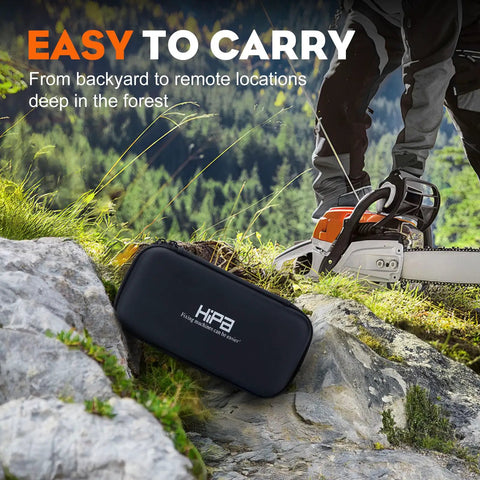 Carrying case for Pack Of 14 Carburetor Adjustment Tools With RPM Tachometer Hour Meter next to a chainsaw in the forest.
