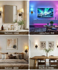 NICOLONOR Battery Operated Wall Sconces Set of 2, Wireless Wall Lights with 12 RGB Colors and 3CCT Dimmable, Small Fabric LED Wall Lamps for Bedroom, Living Room, Hallway, Bronze in four room settings.