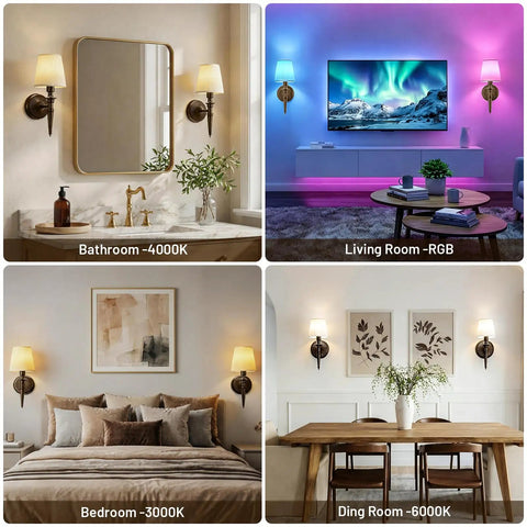 NICOLONOR Battery Operated Wall Sconces Set of 2, Wireless Wall Lights with 12 RGB Colors and 3CCT Dimmable, Small Fabric LED Wall Lamps for Bedroom, Living Room, Hallway, Bronze in four room settings.