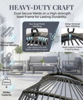 Heavy-duty construction of Outdoor Egg Chair Without Stand With Cushion, emphasizing steel frame and dual-point welding, 350 lbs capacity.