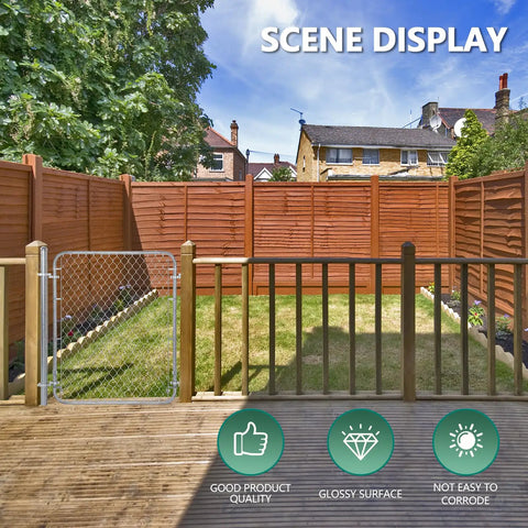 Heavy Duty Chain Link Fence Gate With Round Frame, 48 Inch High By 24 To 72 Inch Wide, installed in backyard, wood fence