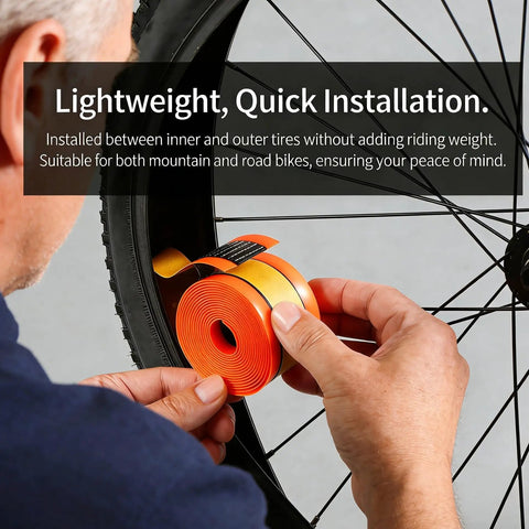 Person installing Two Pack Self Adhesive Bike Tire Liners Made From Durable TPU Puncture Proof Tube Protectors on black bike wheel