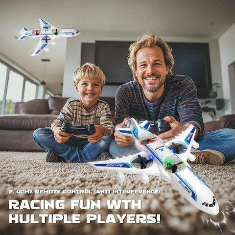 Father and son playing with RC Drone Remote Control Airplane Ready To Fly Foam Jet Fighter Stunt Plane With 360 Degree Flips, indoors.