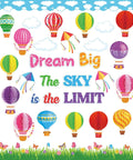 Dream Big Bulletin Board Set 66 Pieces With Hot Air Balloons Cloud Borders 3D Honeycombs Kites And Sky Themed Decor For First Day Of School Classroom Decoration featuring colorful hot air balloons and kites.