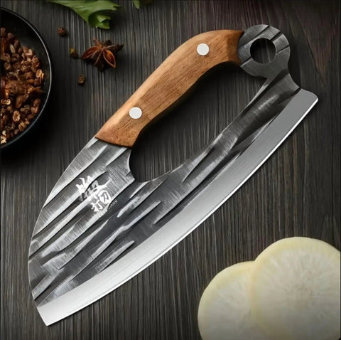 Two Piece Meat Cleaver Knife Set For Kitchen And Outdoor Use Heavy Duty Cleavers With wooden handle on cutting board