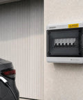Heavy Duty 4 Way Din Rail Enclosure Weatherproof Outdoor Electrical Box mounted on wall with electric vehicle charging.