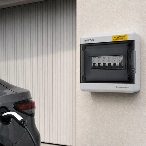 Heavy Duty 4 Way Din Rail Enclosure Weatherproof Outdoor Electrical Box mounted on wall with electric vehicle charging.
