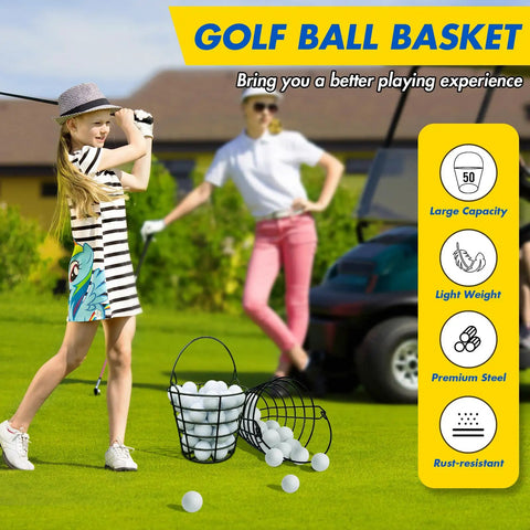 Stainless Steel Golf Ball Basket With Handle Pack Of 2 Holds 50 Balls Each For Easy Practice Cleanup with children playing in background
