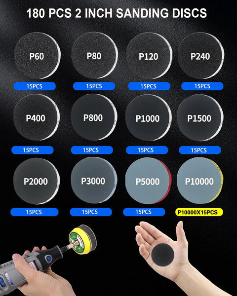 Top Shelf 2 Inch Sanding Disc Bundle With 133 Piece Hook And Loop Buffing Pads For Electric Drills and Rotary Tools Wet Dry Polishing Kit for Headlight Restoration and Fast Metal Touch Ups showing various sanding discs.