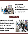 Straight Up Desktop Auto Labeler detail display showing multi-rod spiral positioning and vertex style bottle holding for zero bubbles.