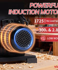Close-up of the powerful induction motor on a portable bandsaw for woodworking, showing specifications and low noise feature.