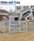 Mobile Chicken Coop With Run And Wheels, slide-out tray detail, waterproof grey design, showing quick cleaning feature.