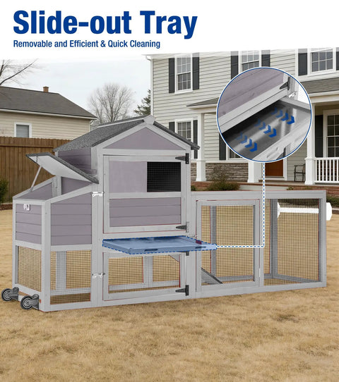 Mobile Chicken Coop With Run And Wheels, slide-out tray detail, waterproof grey design, showing quick cleaning feature.