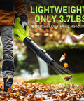 Person using Cordless Leaf Blower 500 CFM 21V With 4.0Ah Battery And Fast Charger in garden to blow leaves effortlessly.