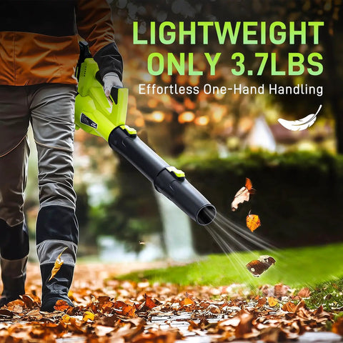 Person using Cordless Leaf Blower 500 CFM 21V With 4.0Ah Battery And Fast Charger in garden to blow leaves effortlessly.