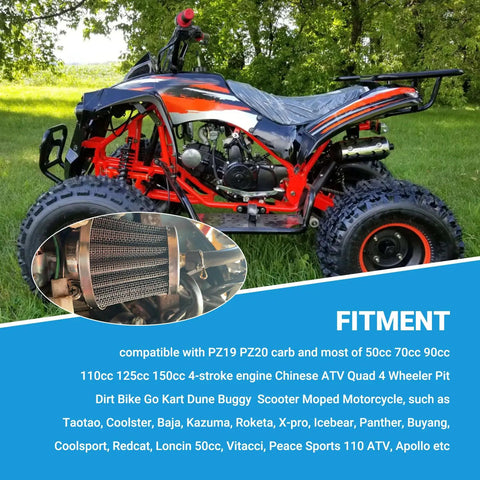 Red and black Chinese ATV with 35mm air filter detail, compatible with PZ19 PZ20 carb, for pit dirt bikes and ATVs, Taotao models