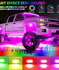 4 Pod RGB LED Rock Lights Underglow Kit with Multicolor Neon Glow App Control and Music Mode on truck undercarriage