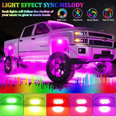 4 Pod RGB LED Rock Lights Underglow Kit with Multicolor Neon Glow App Control and Music Mode on truck undercarriage