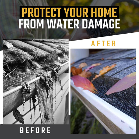 Before and after images showing effectiveness of 4 Pack Downspout Guards For 5 Inch Gutters, 18 Inch Long, Easy Install, No More Gutter Clogs, Keeps Water Flowing Smooth, Debris Blocker For 5 Inch K Style Gutters, Durable Made In USA
