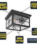 Country Star Square Two Light Farmhouse Ceiling Mount Fixture Outdoor Ready With Dusk To Dawn Photocell, seedy glass view