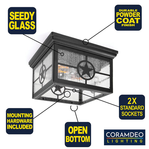 Country Star Square Two Light Farmhouse Ceiling Mount Fixture Outdoor Ready With Dusk To Dawn Photocell, seedy glass view
