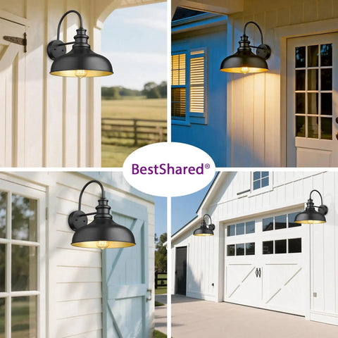 Old School Vintage Black Farmhouse Wall Light Sconce With E26 Socket Outdoor shown mounted on a white exterior in various angles.