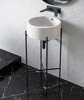 Round Console Sink 16.5 Inch White Ceramic Basin With Matte Black Legs Scratch Resistant Non Porous Finish No Faucet Holes