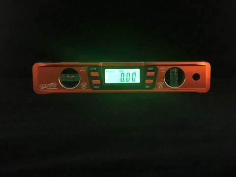 Savage Digital Magnetic Torpedo Level, 9 Inch Aluminum Billet, Orange, front view with digital display and dual vials visible