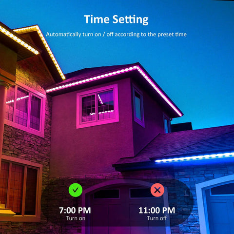 Rainbow Color Smart RGB IC LED Strip Light Kit With Music Sync For Outdoor 105ft Rope Lights on house exterior