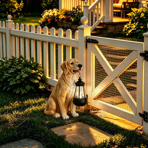 Golden Retriever Solar Dog Statue For Outdoor Decor With Lantern Lights Backyard Lawn Yard Art Weatherproof Garden Ornament For Patio Sun Powered Lights Lit Housewarming Gift beside fence at sunset.