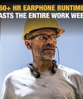 Man wearing Rugged 2In1 Neckband Bluetooth Headphones With Built In Speakers For Worksites And Outdoors, under a yellow helmet.