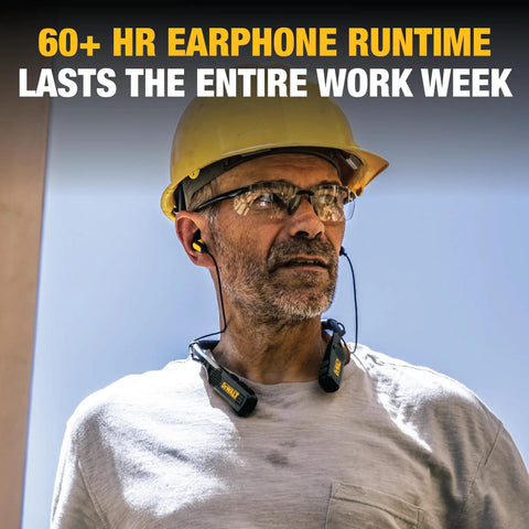 Man wearing Rugged 2In1 Neckband Bluetooth Headphones With Built In Speakers For Worksites And Outdoors, under a yellow helmet.