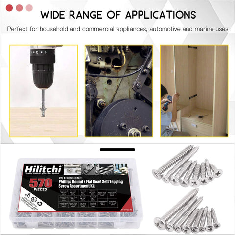 Hilitchi 570-piece stainless steel Phillips round-head self-tapping screw kit with plastic case (front view)