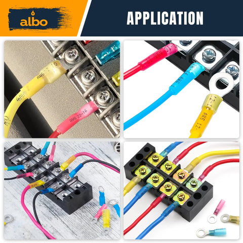Yellow Beefed Up Heat Shrink Ring Terminal Kit 250 Pieces 12 To 10 AWG Six Sizes auto and marine wiring applications shown.