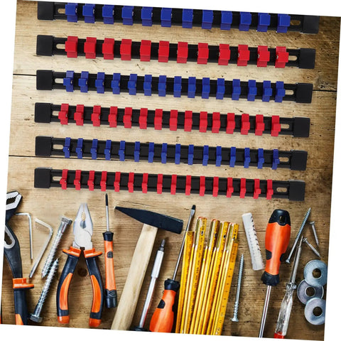 Slick 6 Piece Socket Organizer Tray With Fast Match Labels And Chunky Base For Rock Solid Stability Heavy Duty Abs Build, red and blue socket holders.